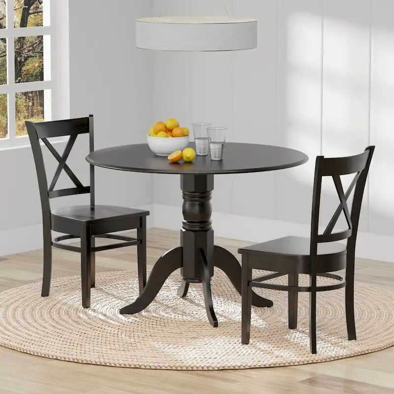 3-Piece Dining Set, 42 Round Drop-Leaf Table and Cross Back Chairs