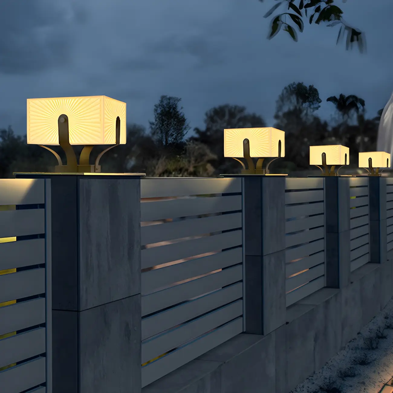 Black Elegant Bracket Post Cap Light with Beige Cubic Shade