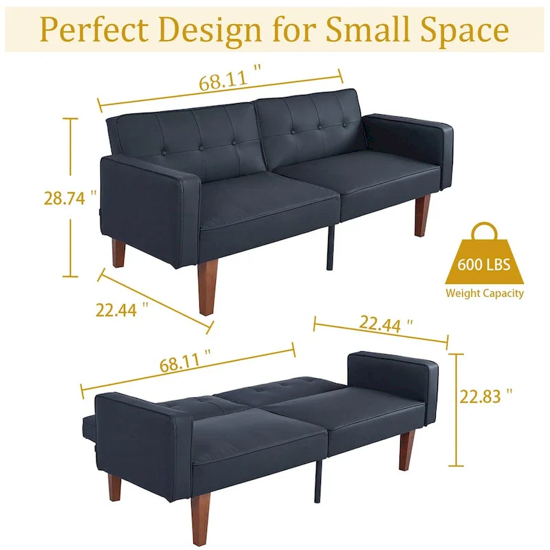68 in. Soft Convertible Sofa Bed with Adjustable Backrest and Solid Wood Legs