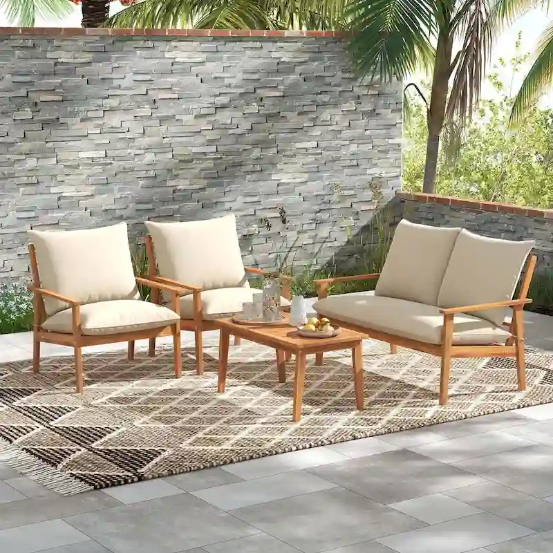 Costway 4 PCS Acacia Wood Patio Furniture Set with Soft Cushions and - See Details