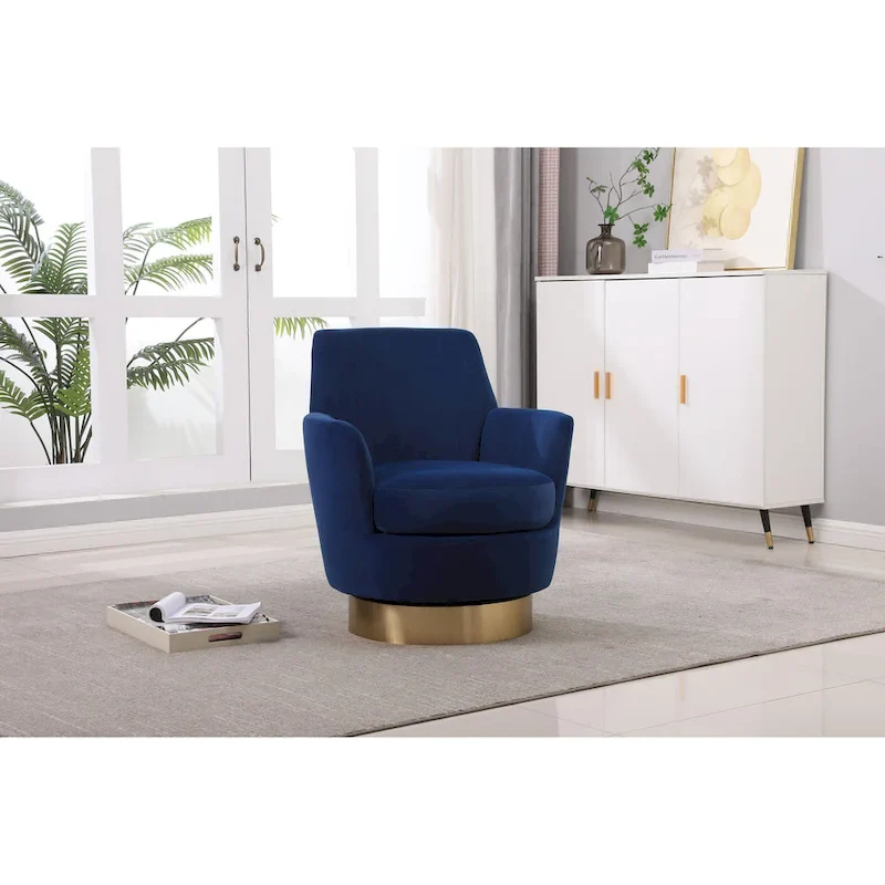 Navy Velvet 29.3 Upholstered Swivel Barrel Chair with Stainless Steel Base