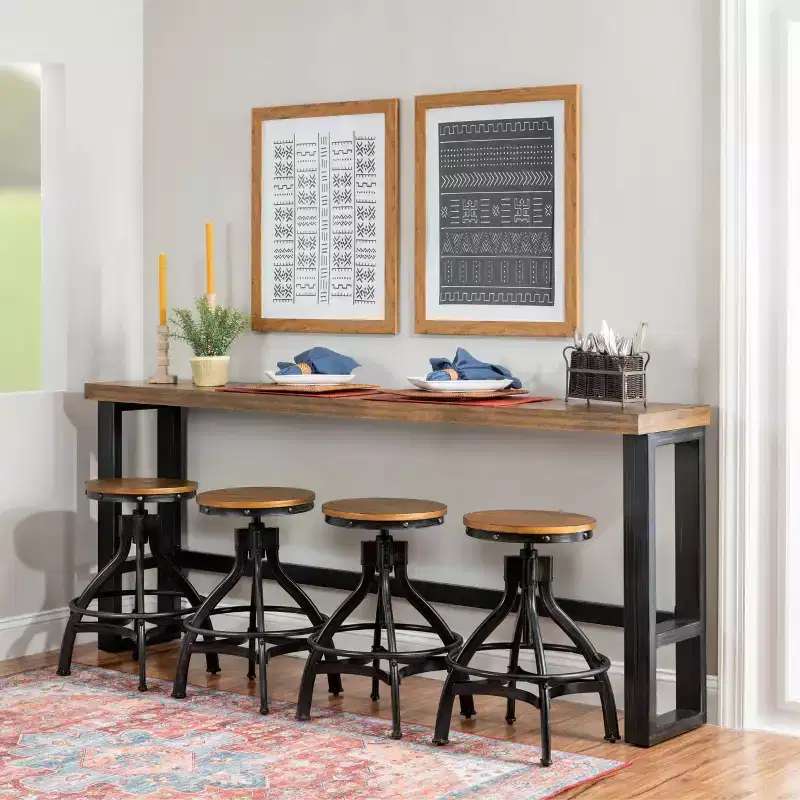 Hand Distressed Sofa Bar Table – Modern Industrial Console, Walnut & Black Metal Frame
