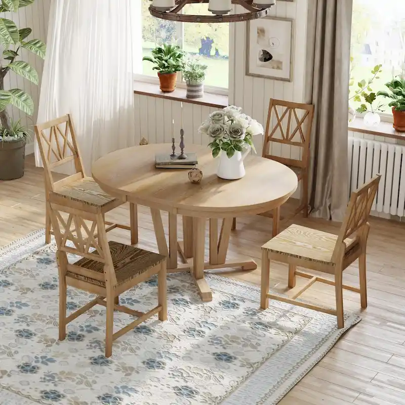 5 Piece Extendable Round Dining Table Set, Solid Wood Kitchen Dining Table and Chairs Set with 4 Cross Back Dining Chairs