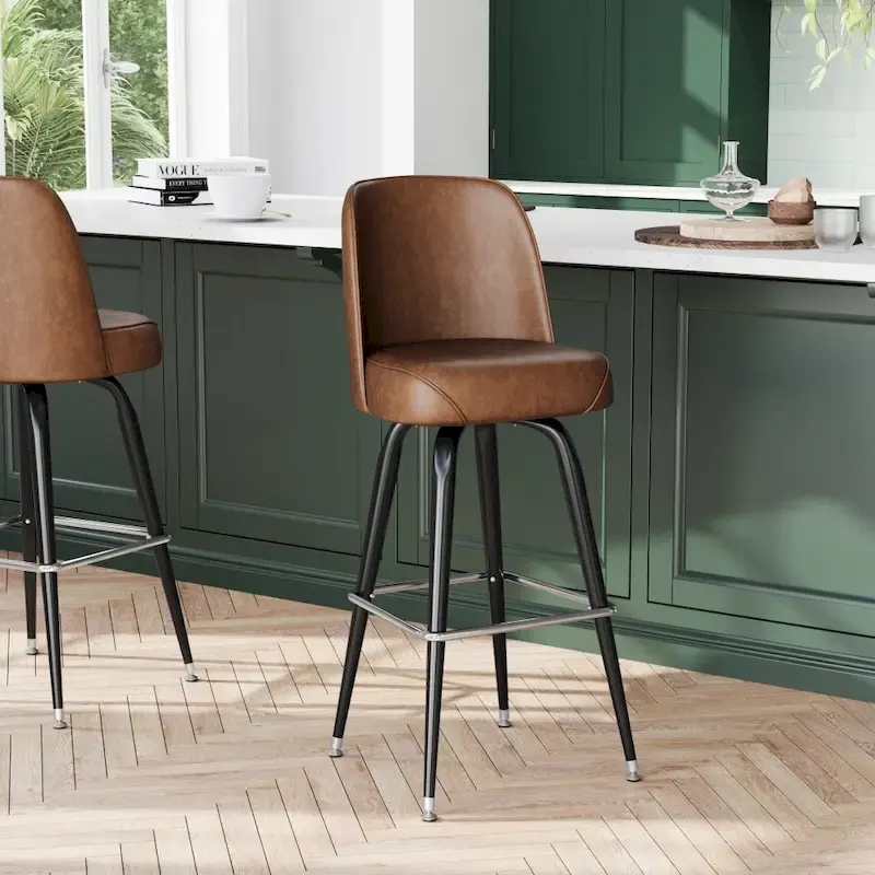 Metal Barstool with Swivel Vinyl Upholstered Bucket Seat and Footrest - 18.5D x 18.5W x 42.5H