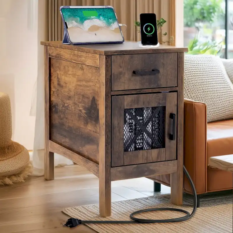 Natural Wood Particle Board End Table with Drawer and Power Strip - 23.98 L x 14.02 W x 24.02 H