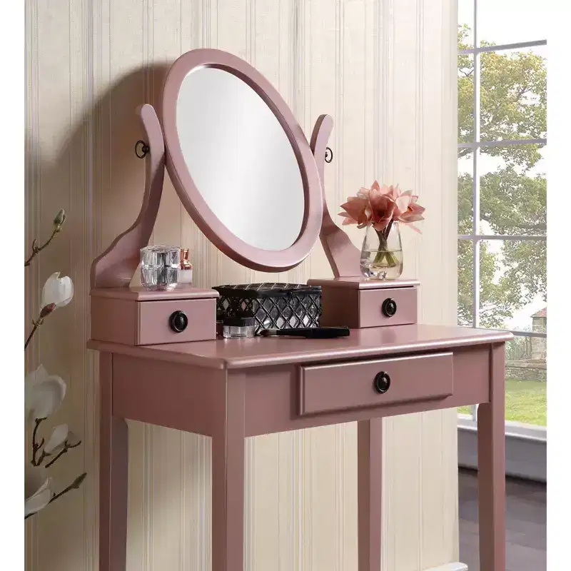 Rose Gold Wooden Vanity Table with Mirror and Stool, Single