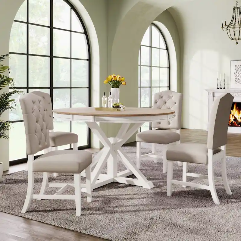 5 Pcs Wooden Round Dining Table Set, Kitchen Dining Table Chair Set with Extendable Table and 4 Upholstered Chairs