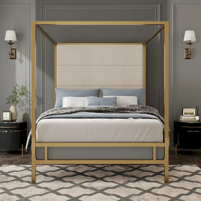 Sleek Modern Metal Canopy Bed with Tall Linen Upholstered Headboard