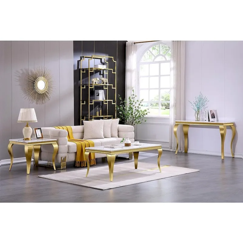 White and Gold End Table Side Table with Polished Gold Cabriole Legs