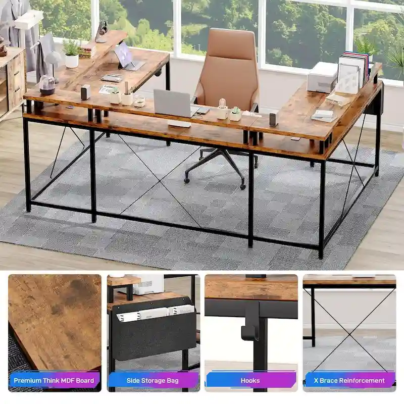 Reversible Shaped Large Computer Desk with Power Outlets