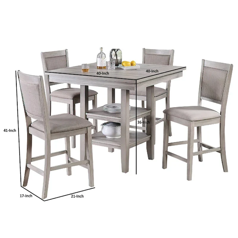 5 Piece Counter Height Dining Set, Table and 4 Chairs, Padded Seats, Gray