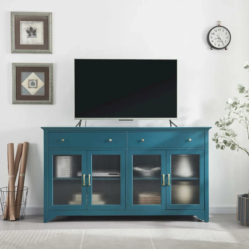 Modern Coastal Teal TV Cabinets with 2 Storage Cabinets, 2 Drawers and Gold Handles for Living Room and Bedroom