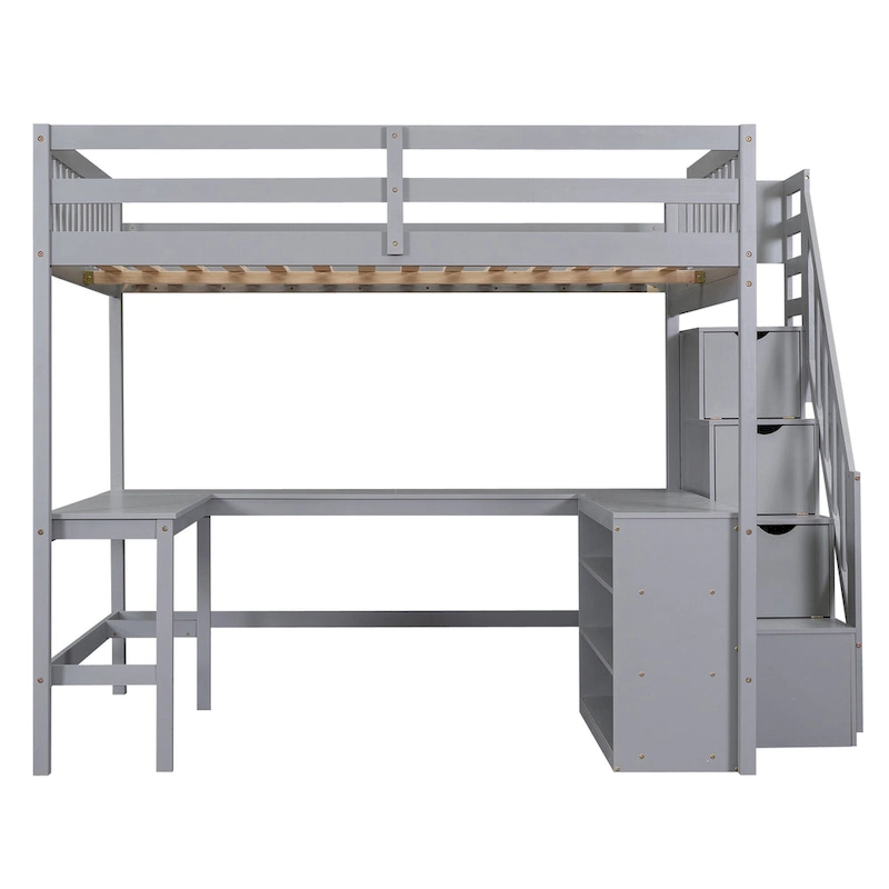 Gray Full Pine Wood Loft Bed with L-Shaped Desk