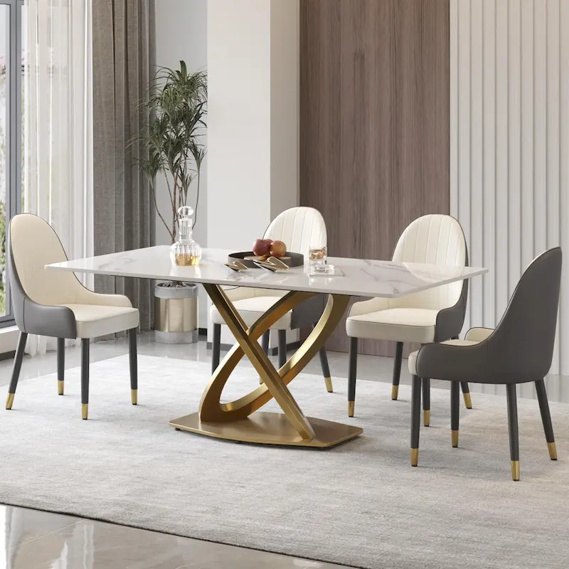 70 White Sintered Stone Dining Table with Stainless Steel Gold Pedestal