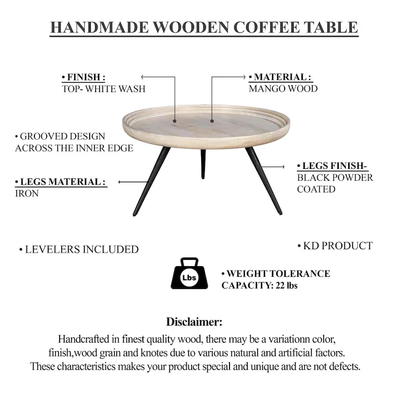 Urban Chic Coffee Table 30 Inch Round Tray Top, Handcrafted Washed White Mango Wood
