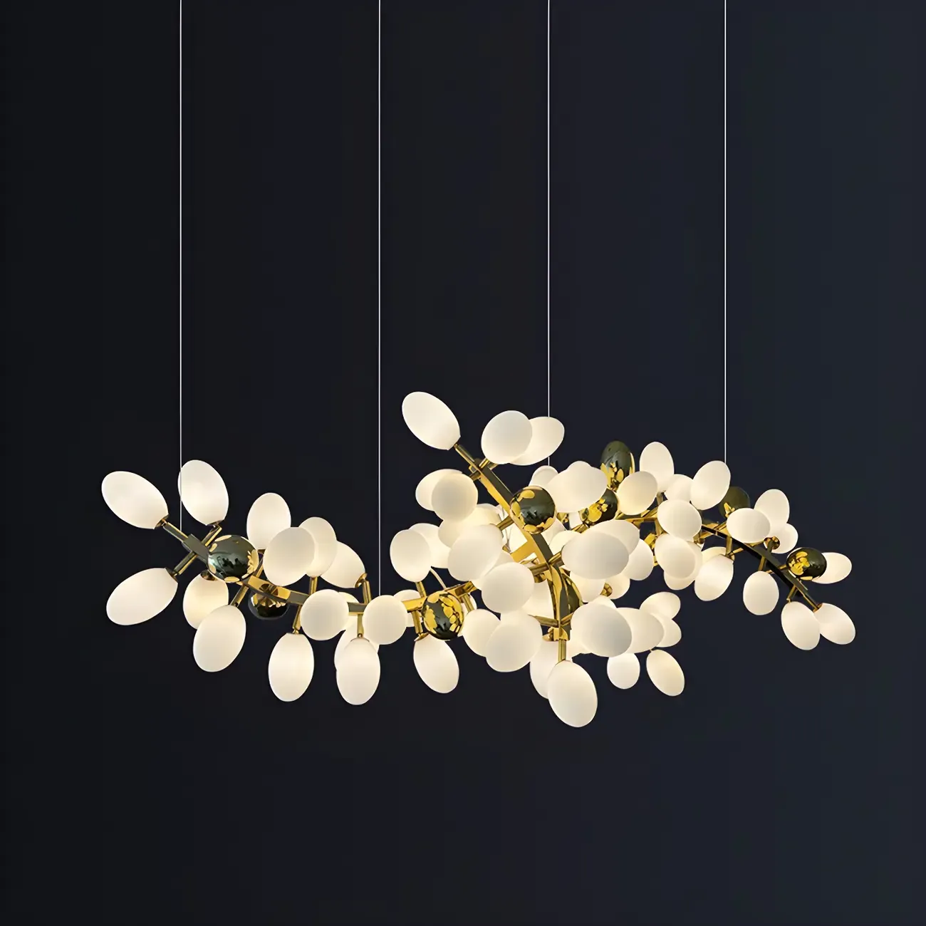 1 Tier Gold Branch White Glass Oval Cluster Pendant Light