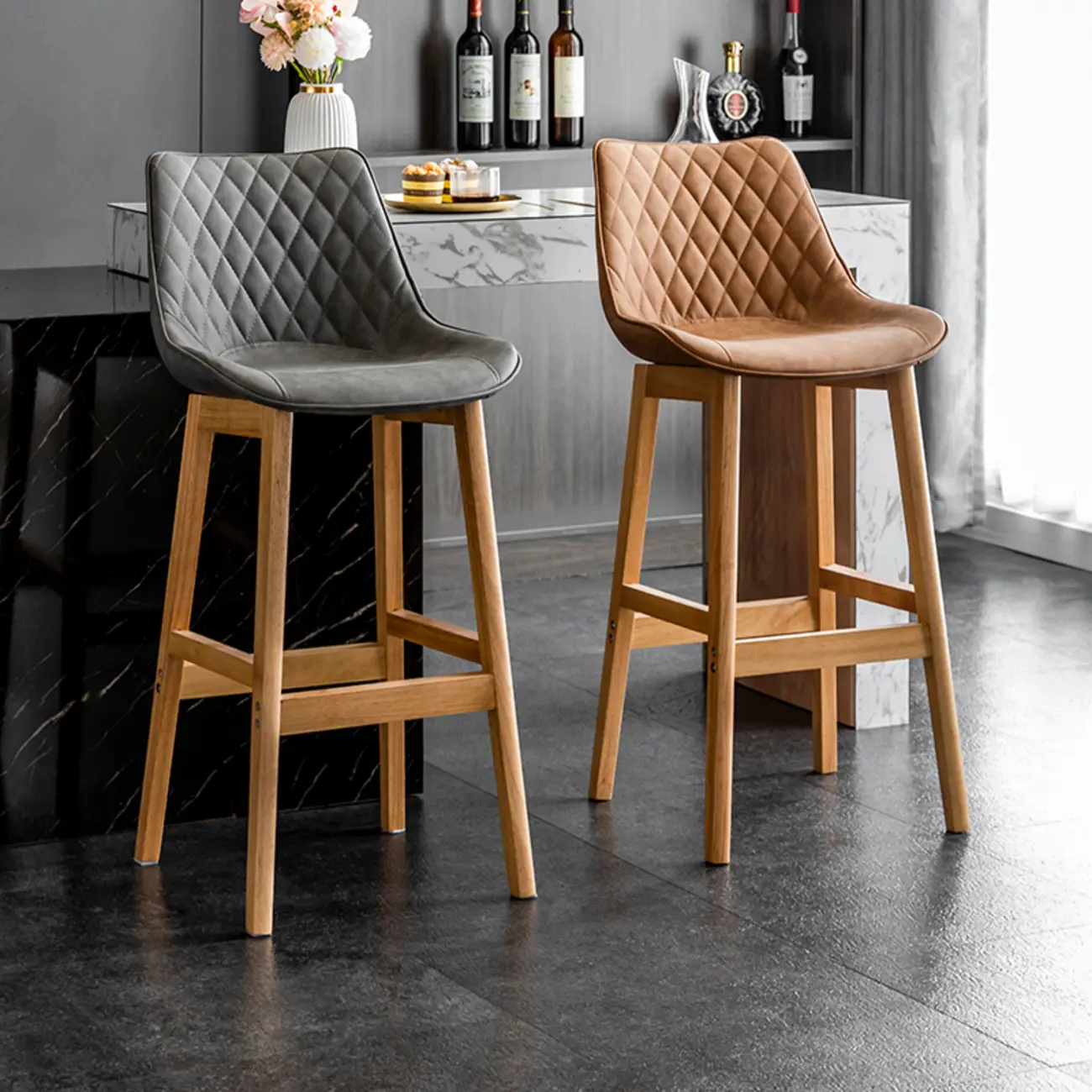 Mid-Century Modern Faux Leather Bar Stools with Wood Legs