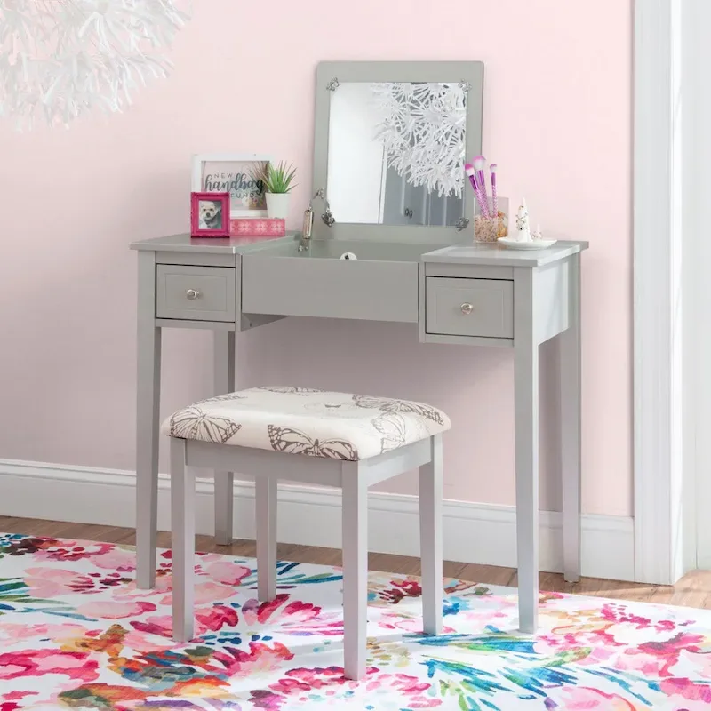 36 Silver Solid Vanity Set with Mirror and Upholstered Stool