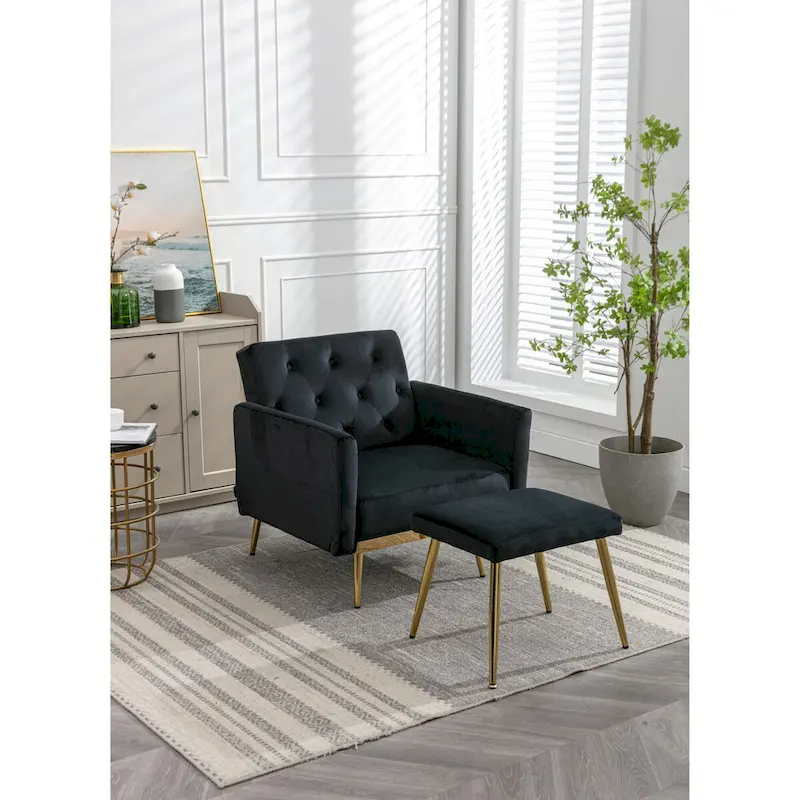 Velvet Accent Chair with Adjustable Armrests and Backrest, Button Tufted Lounge Chair, Single Recliner Armchair with Ottoman