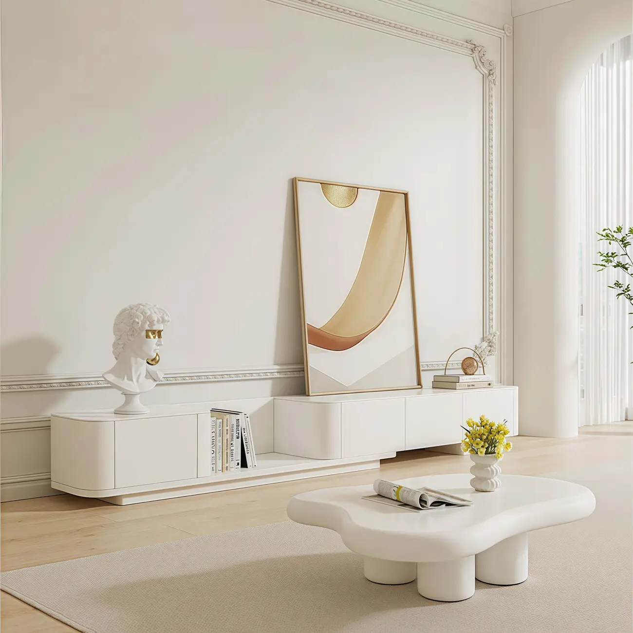 Extendable Modern Wooden White TV cabinet with Drawers