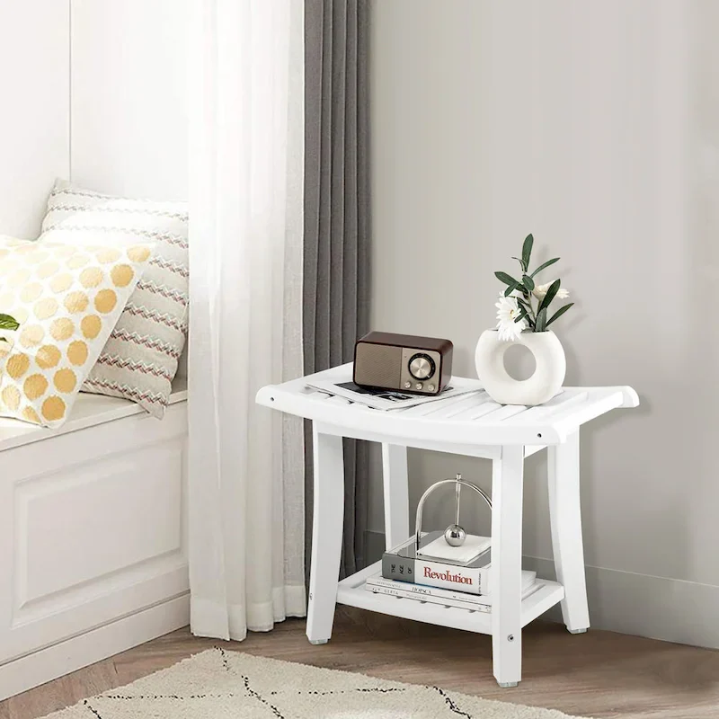 2-Tier Shower Bench with Storage Shelf – Brown / White, HDPE, Single