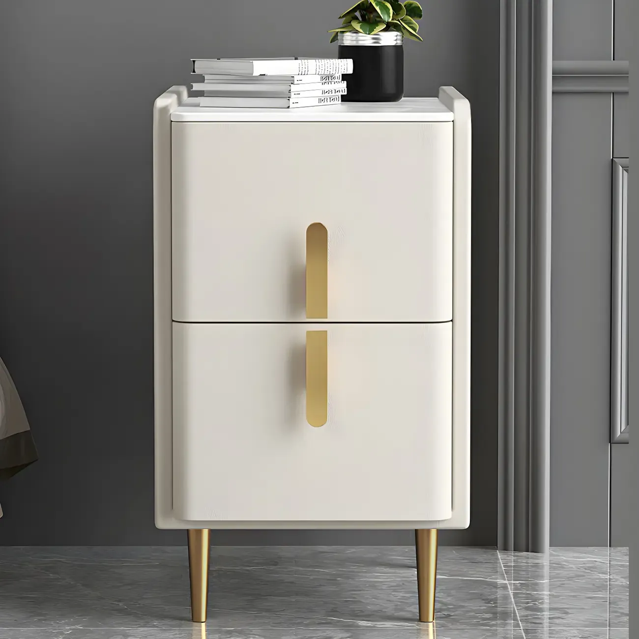 Glam Night Table with 2 Drawers – Off-White Finish