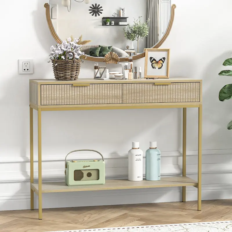 Anmytek Modern Console Table Narrow Long Console Entryway Table with 2 Drawers