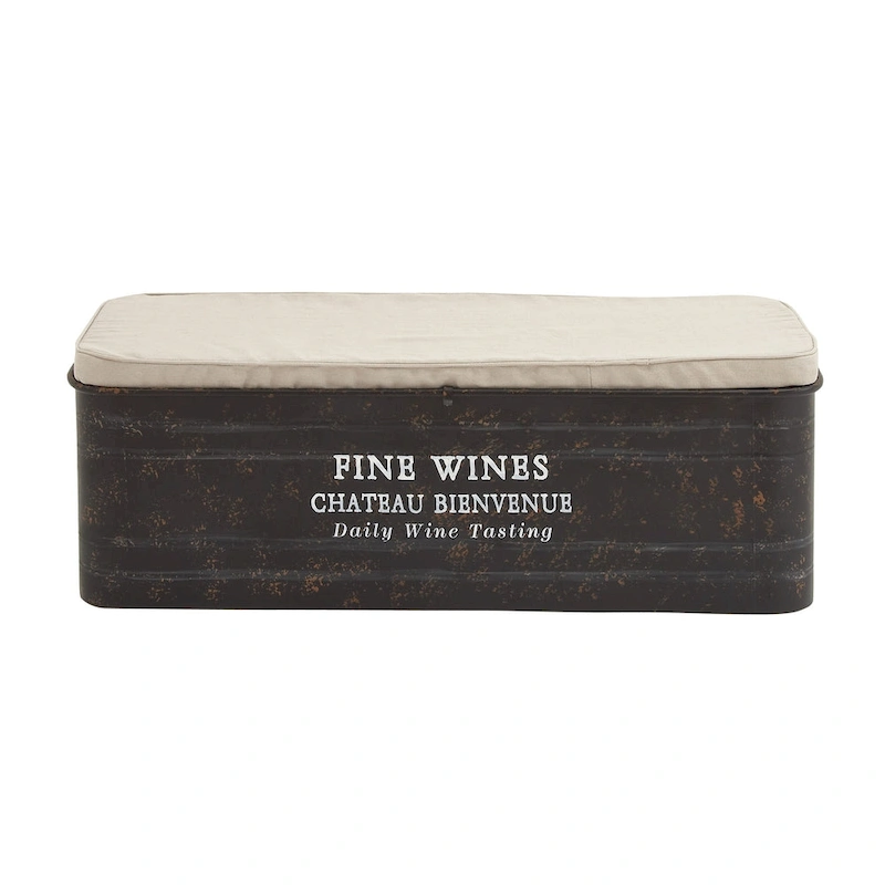 Metal Storage Bench with Cream Burlap Top and Champagne Typography - Brown - Roche River Decor - 16W x 48L x 17H