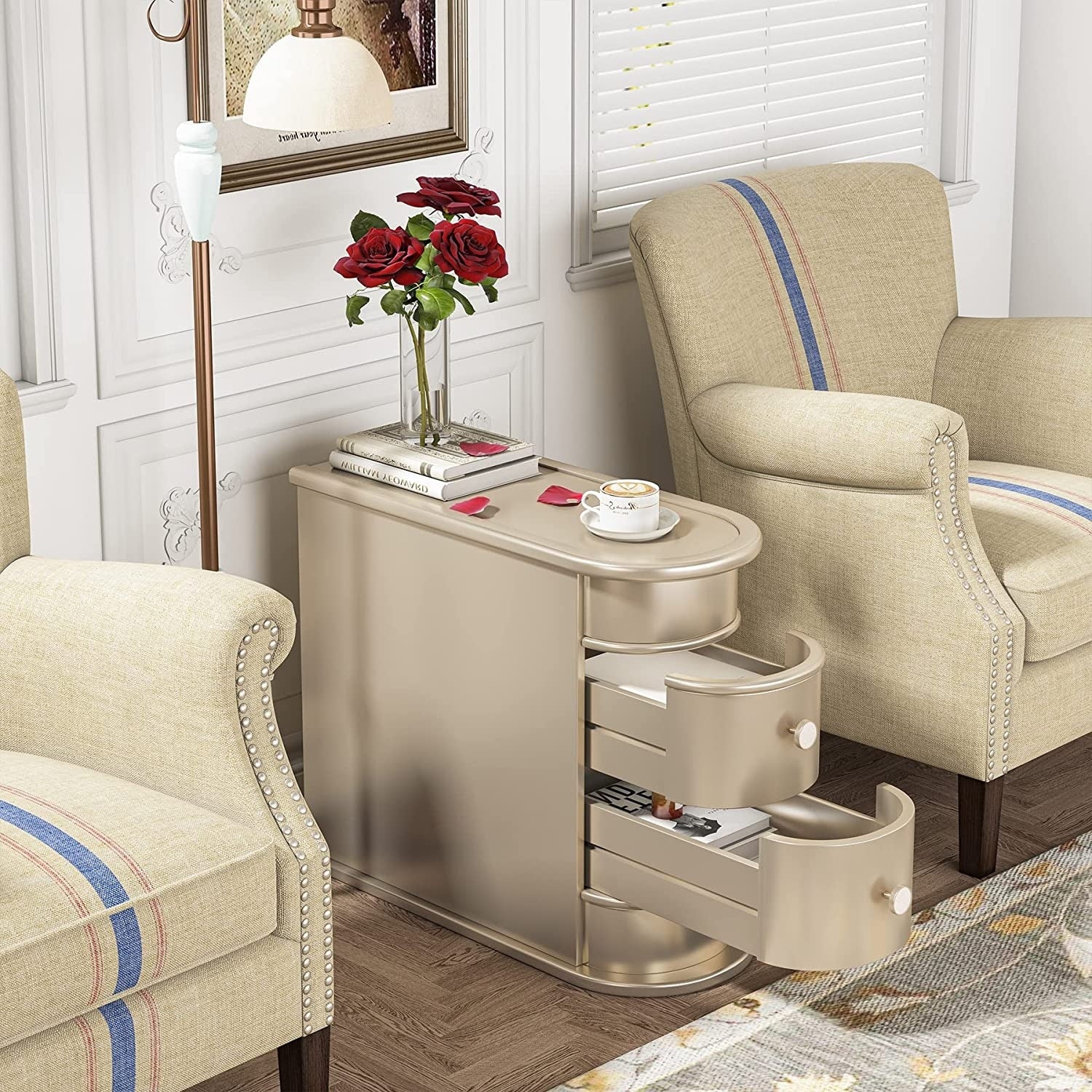 Solid Wood Chairside End Table, Two-Drawer Narrow Side Table Slim