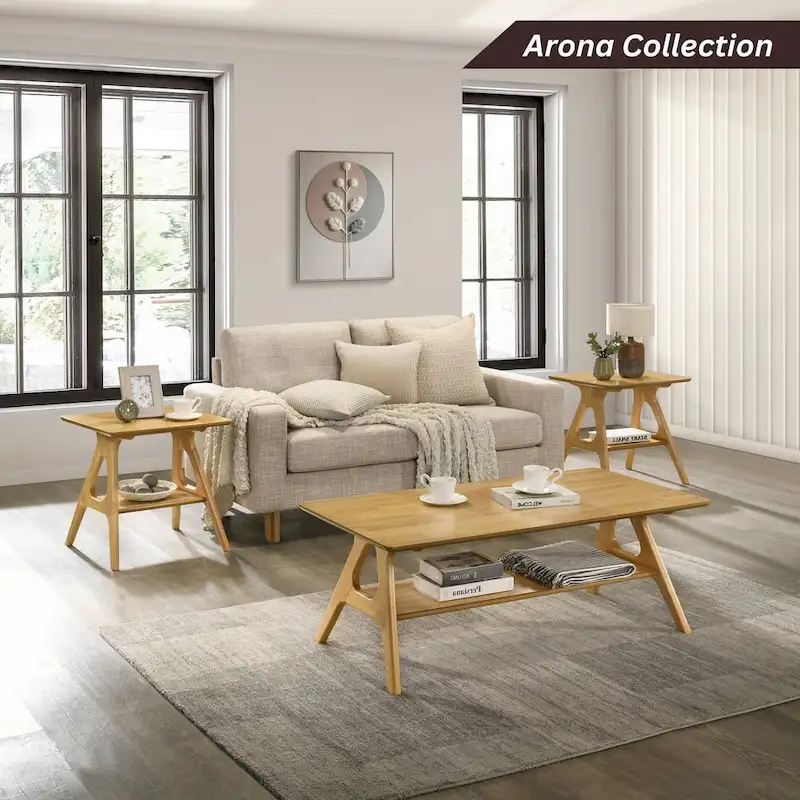 Roundhill Furniture Arona Mid-Century Modern Wood End Table with Shelf