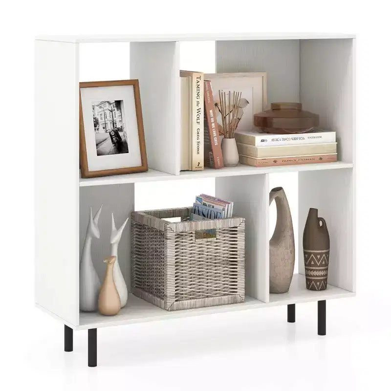 Black/Natural/White Mid-Century Modern 4-Cube Open Bookshelf, Single