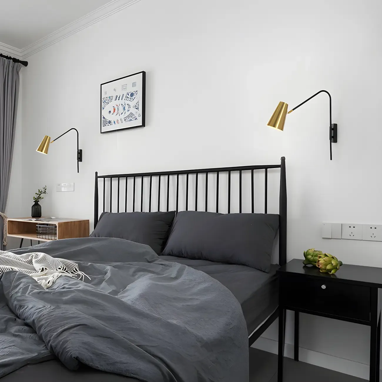 Simple Metal Black Swing Arm Brass Cone Shade Wall Light