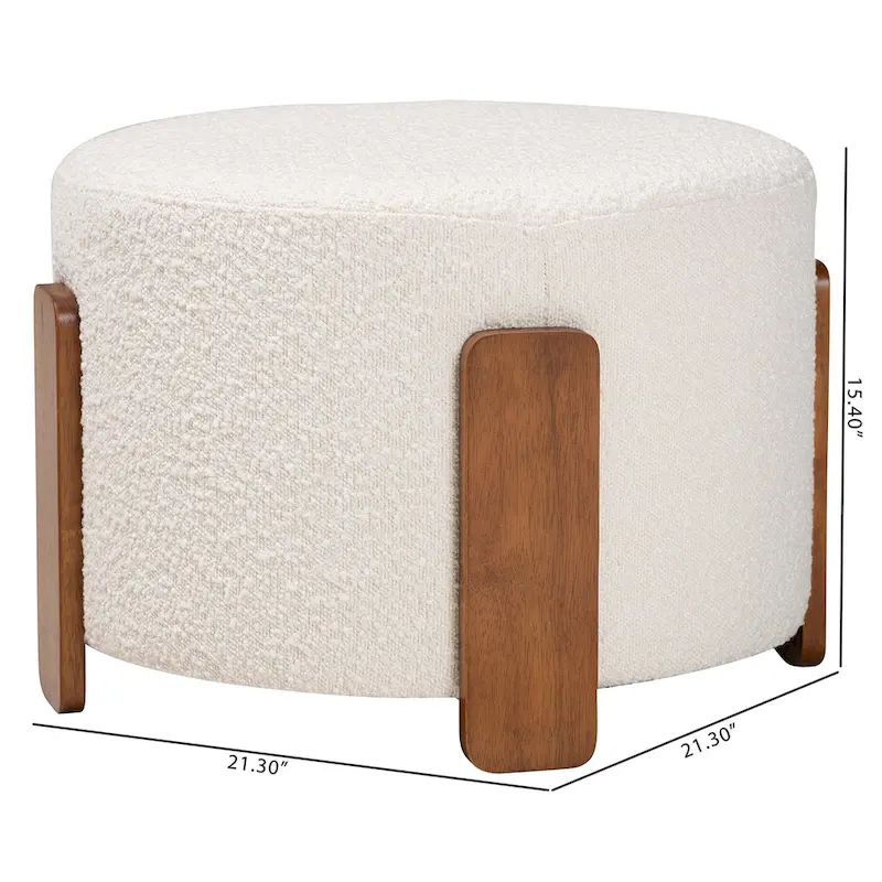 Modern Japandi Boucle Fabric and Wood Ottoman Footstool