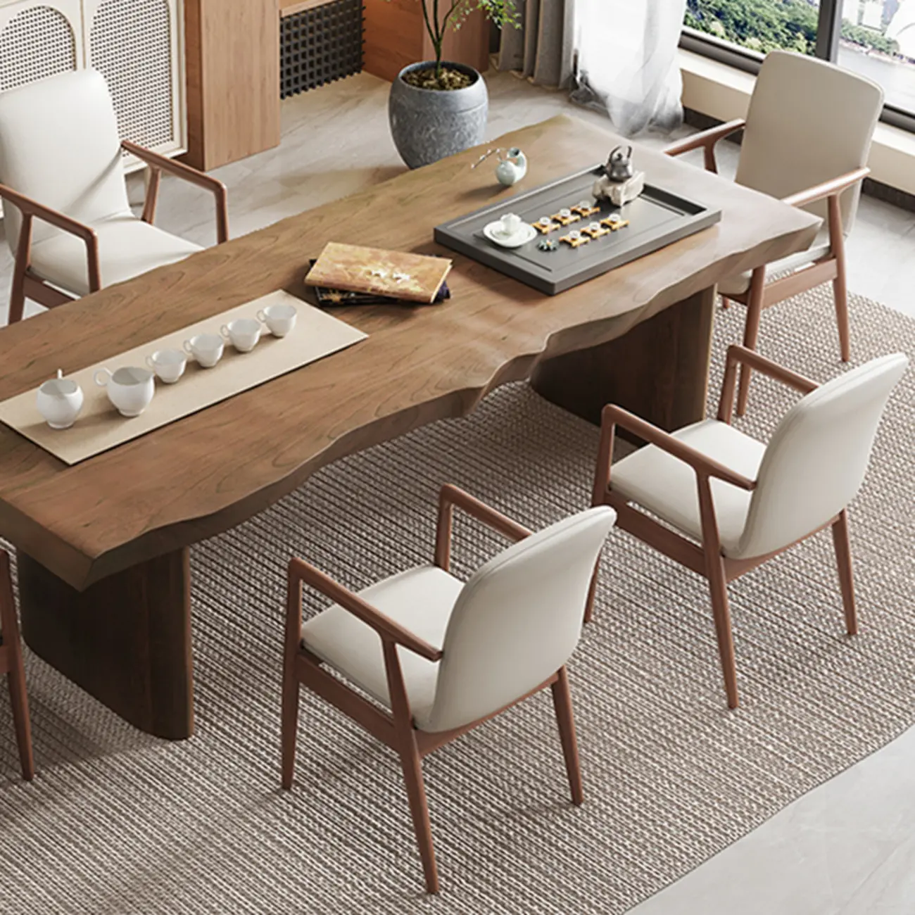 Modern Wood Faux Leather Upholstered Dining Armchair