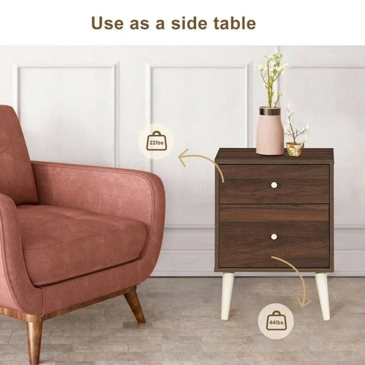 Walnut 2-Drawer Nightstand with Rubber Wood Legs (18