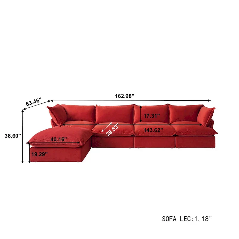 Modular Sectional Sofa Couch, 162.98 Velvet L-Shape Sofa with Ottoman