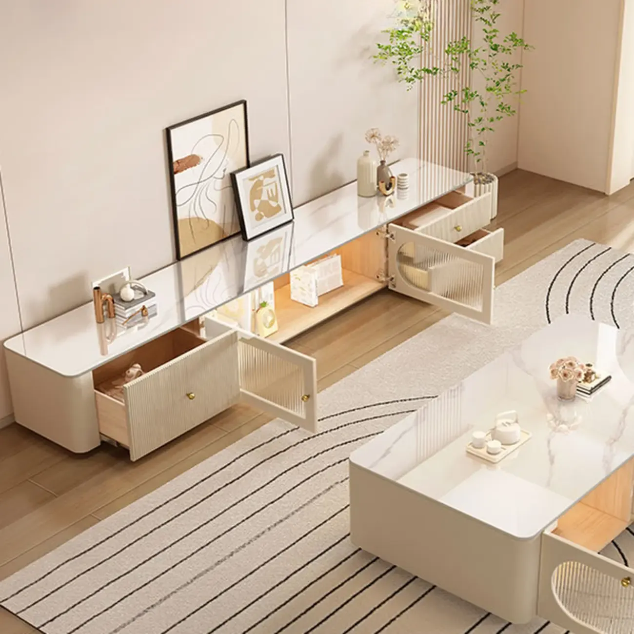 White Modern Marble Long TV Stand with Shelf