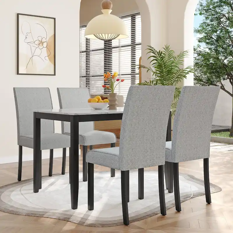 Corvus Fowey 5-piece Dining Set, Marble Sticker MDF Table and 4 Upholstered Chairs