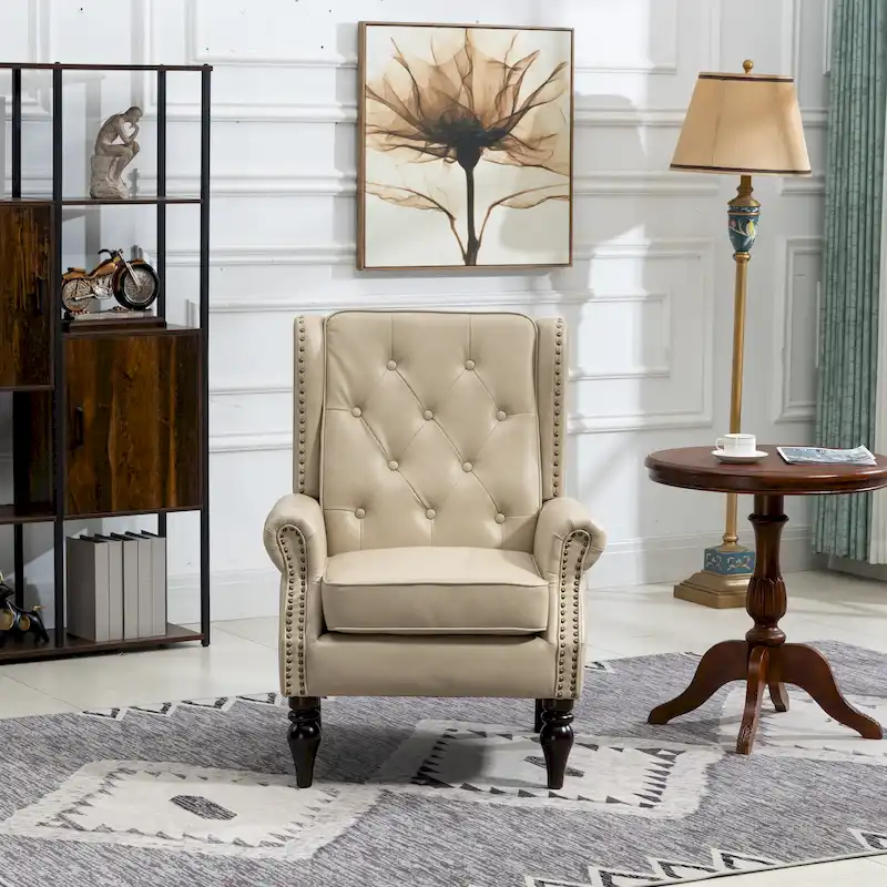 Mid-Century Velvet/Leather Upholstered Tufted Wood Frame Armchair