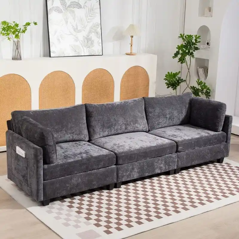 111.42  Chenille Upholstered Three Seater Sofa