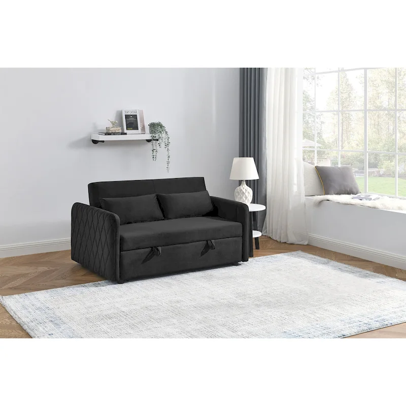 Modern Convertible Velvet Loveseat Sofa Sleeper Sofa Bed with 2 Pillows