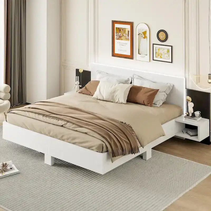 King Size Wooden Floating Platform Bed with Bedside Nightstand Modern LED King Size Bed Frame Wooden Slats Support