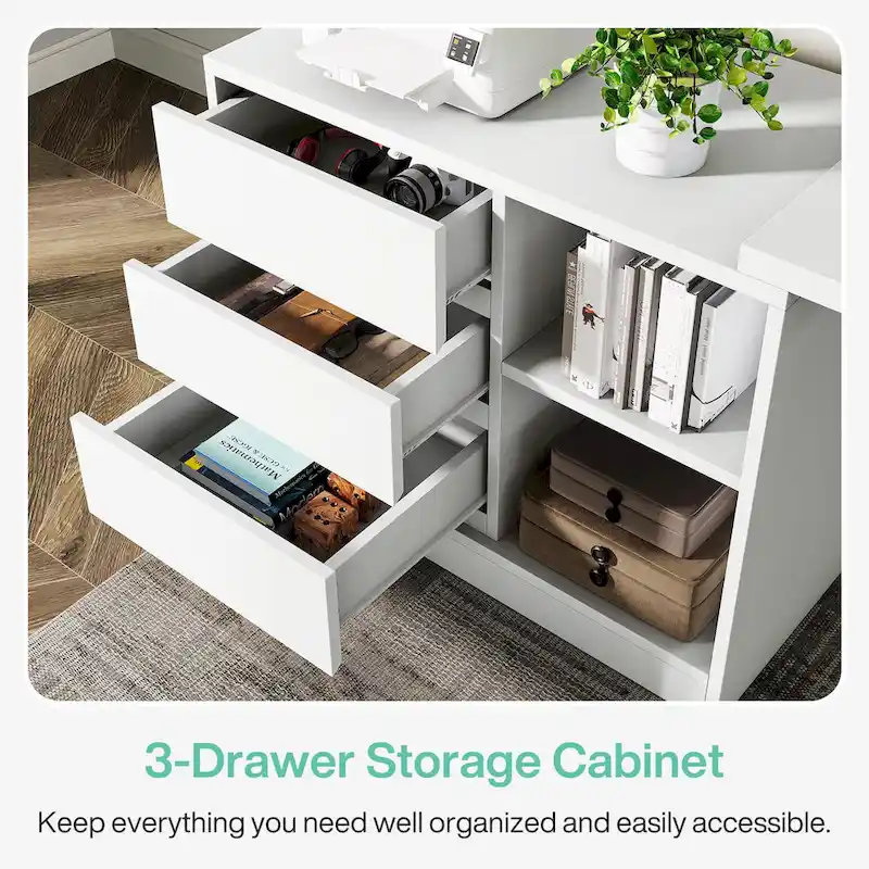 Versatile L-shaped White Computer Desk with Drawers and Shelves