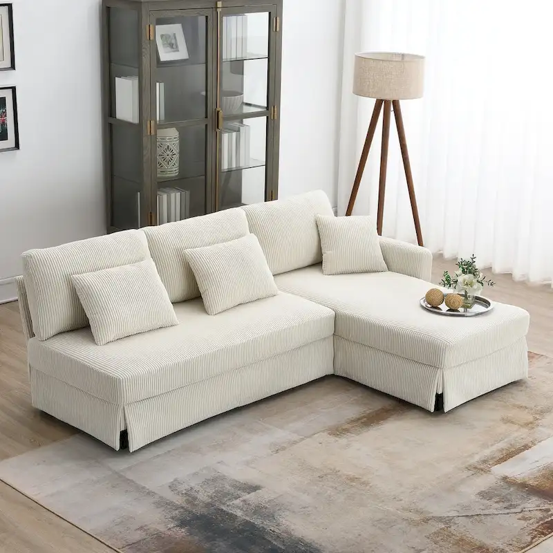 [VIDEO provided][New]87*61 Modern L-shaped Corduroy Sofa with Reversible Chaise,4-seat Upholstered Sectional Indoor Furniture,Co
