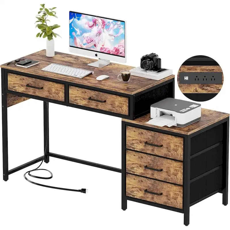 55 Computer Desk with 5 Fabric Drawers,Home Office Desk with Power Outlets  Printer Stand