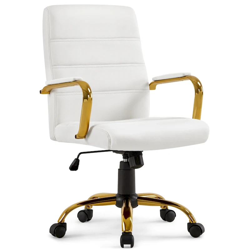 White Mid-Back PU Leather Office Chair with Gold Chrome Frame and Tilt Lock – Single User