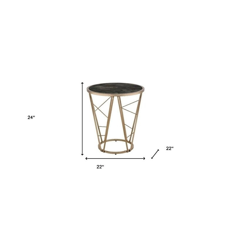 HomeRoots 24  Champagne And Black Faux Marble Glass And Metal Round End Table - 22' X '24' X '22