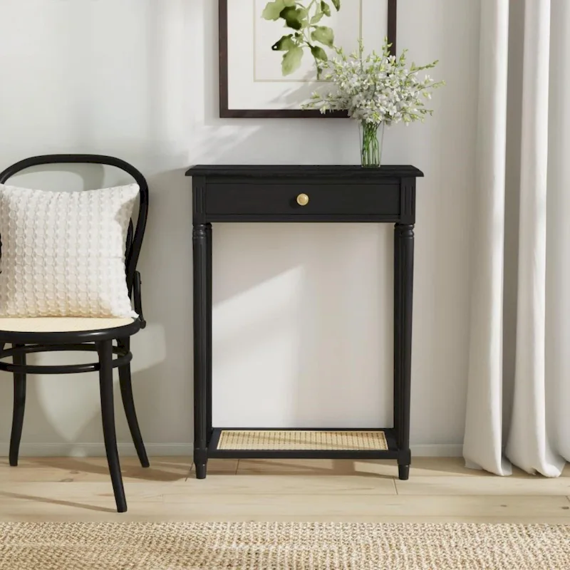 1-drawer Solid Wood Console Accent Table with Cane Shelf