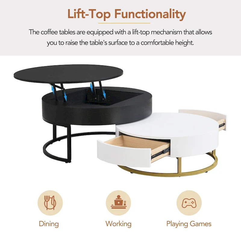 Modern Round Lift-Top Nesting Coffee Tables with 2 Drawers, Hydraulic Mechanism, MDF, White & Black