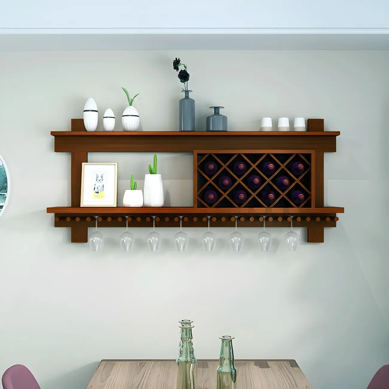 Pine Wooden Wall-Mounted Display Open Wine Bottle & Glass Rack